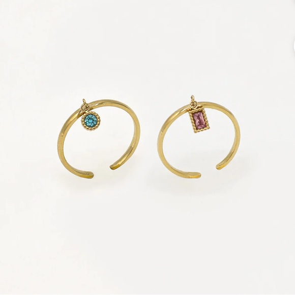 Emma & Chloe Divya Rings- 2 Gold Rings with Dangling Gems Trendy French NEW NWT - Picture 3 of 12